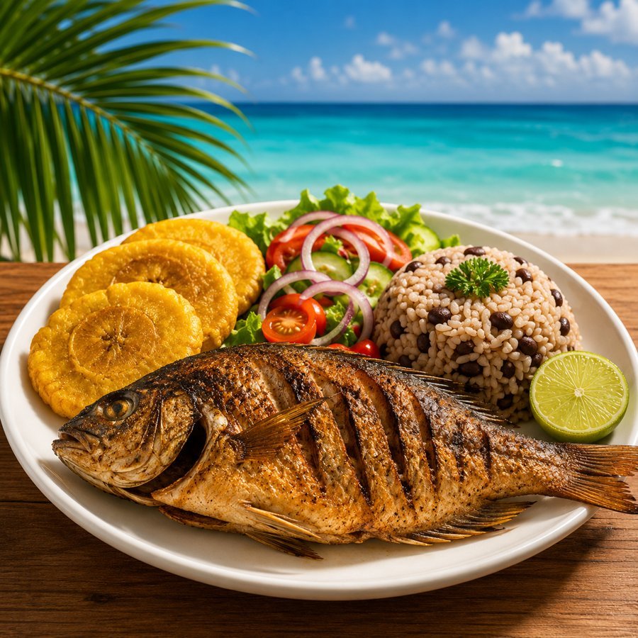 Plato de pescado frito con patacones, ensalada y arroz con guandú