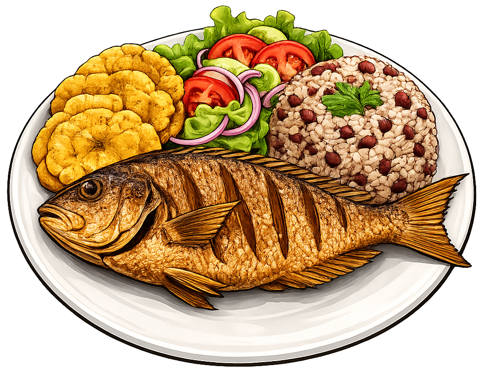 Plato de pescado frito con patacones, ensalada y arroz con guandú